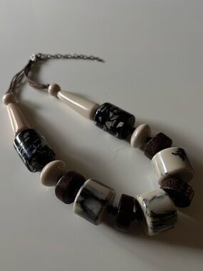 Chunky Cream Black Acrylic Resin Bead Statement Necklace Wood Accents